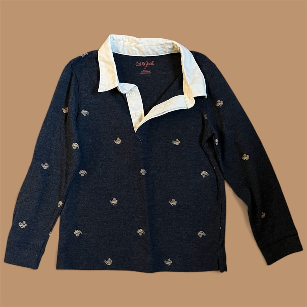 Cat & Jack Navy 3 Button Shirt with White Collar & Monster Truck Graphics